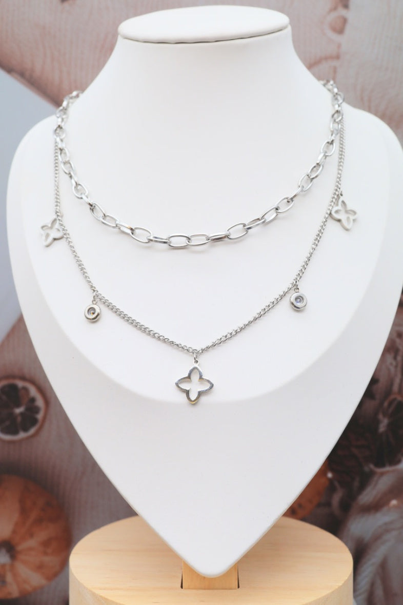 24 / Edelstahl Halskette Doppelkette Clover Style silber- oder goldfarbig
