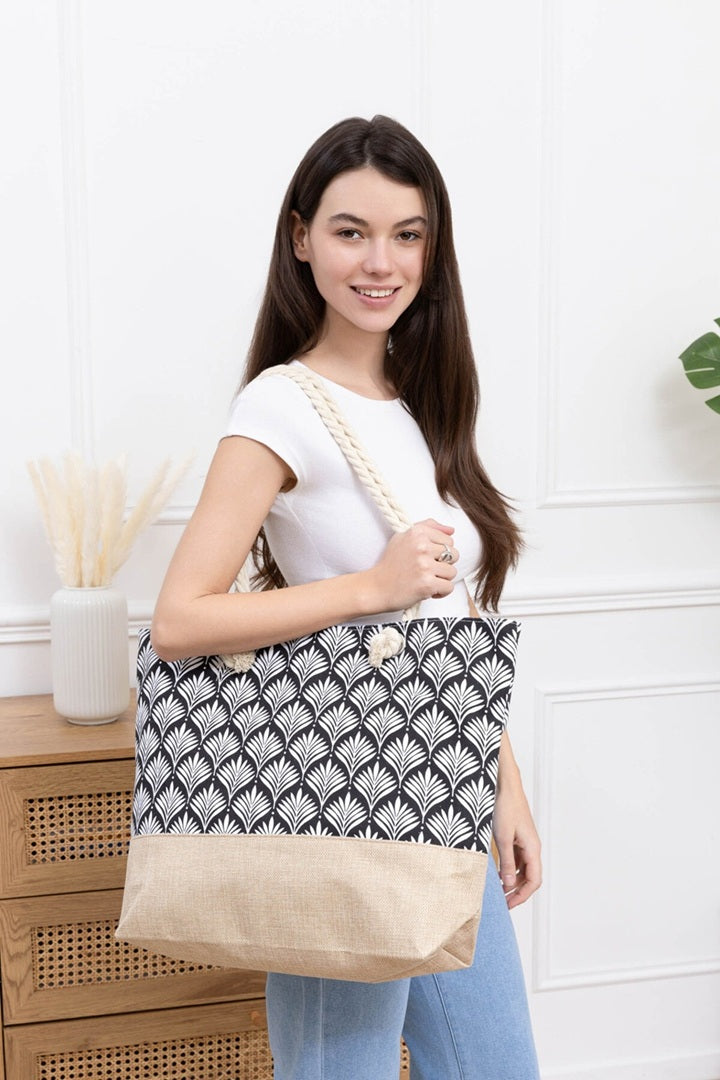 A4 / Sommer Strandtasche für Strand Pool Shopping schwarz beige