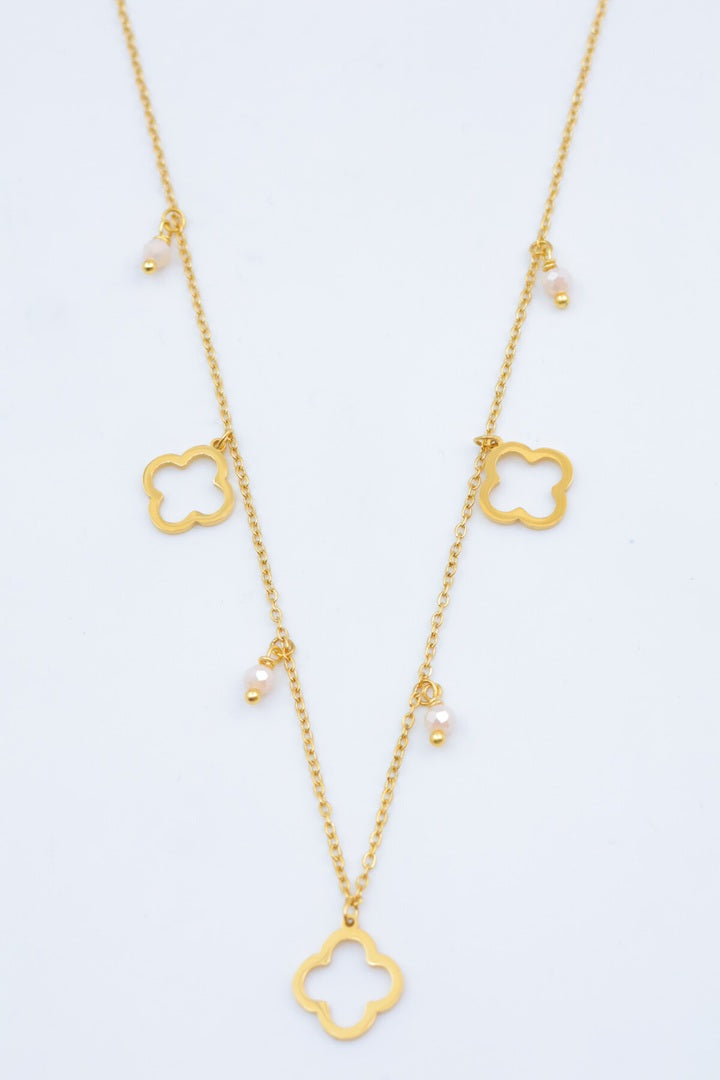 23 / Edelstahl Halskette Klee Clover goldfarbig mit schwarzen Perlen