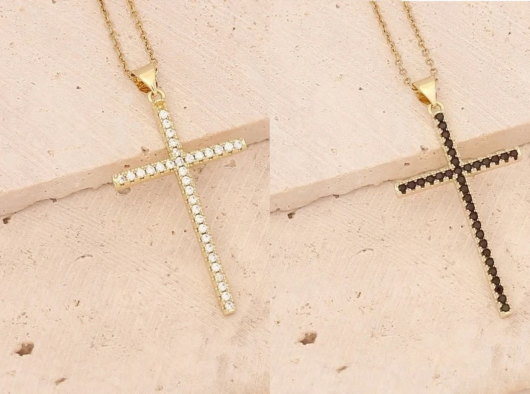 557 / Edelstahl Halskette goldfarbig mit Kreuz Anhänger schwarz oder klar