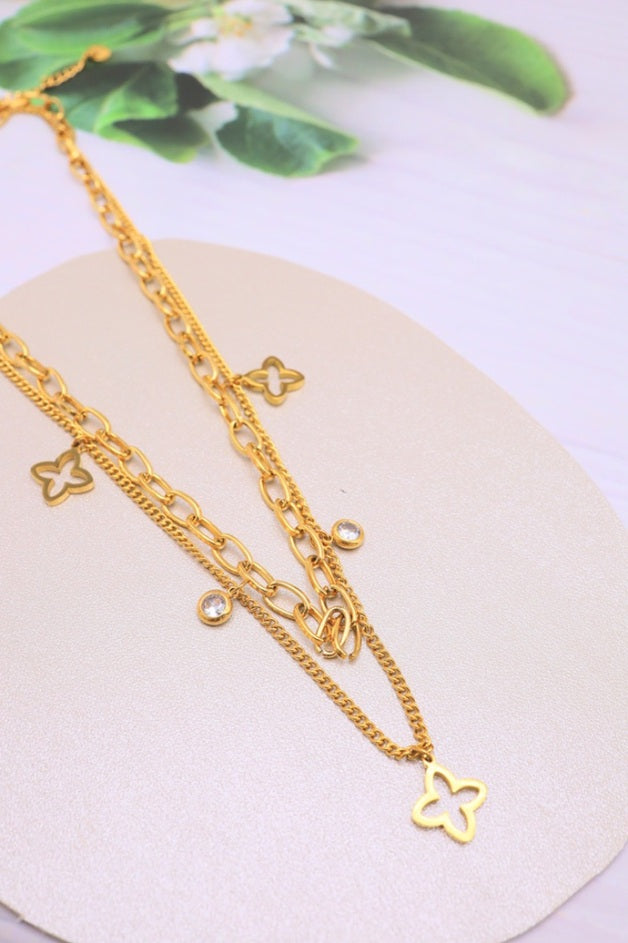 24 / Edelstahl Halskette Doppelkette Clover Style silber- oder goldfarbig