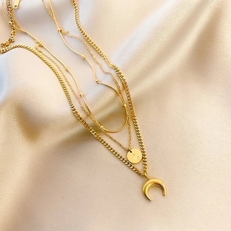 11 / Edelstahl Halskette tripple gold Star Mond
