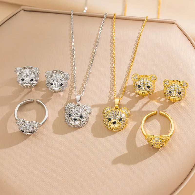 161 Titanstahl Schmuckset 3-teilig Bärchen silber- oder goldfarbig