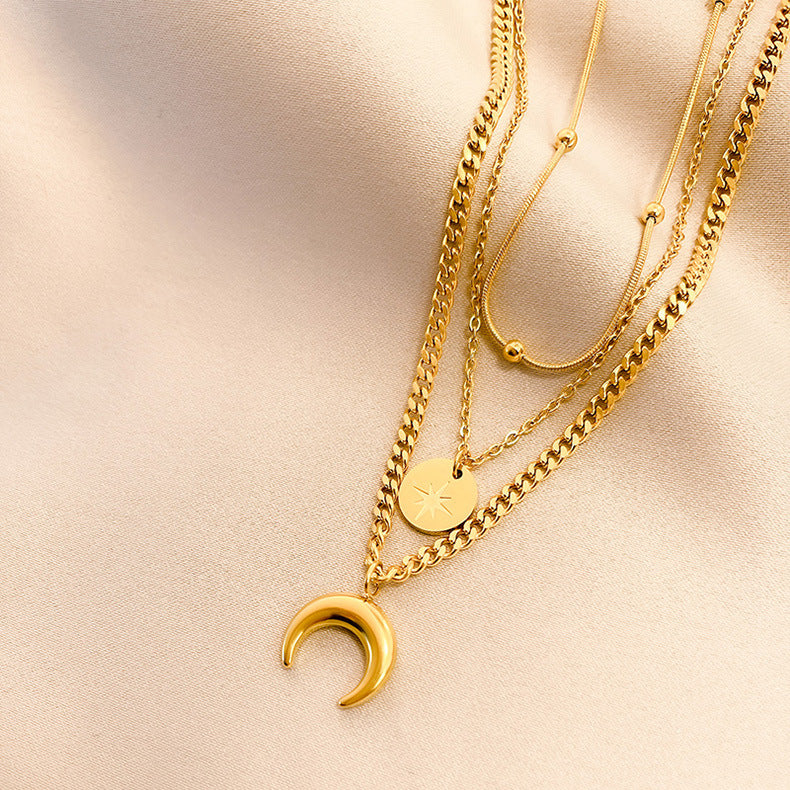 11 / Edelstahl Halskette tripple gold Star Mond