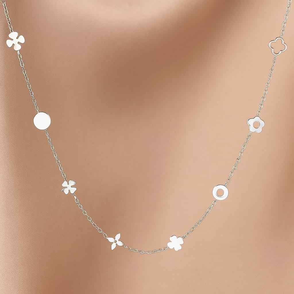 160 / Edelstahl Halskette silberfarbig Clover klee, circle