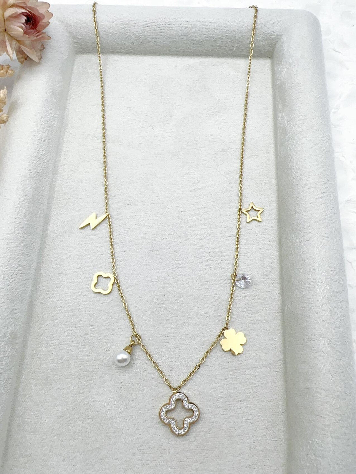 26 / Edelstahl Halskette Clover Style mit Blitz goldfarbig