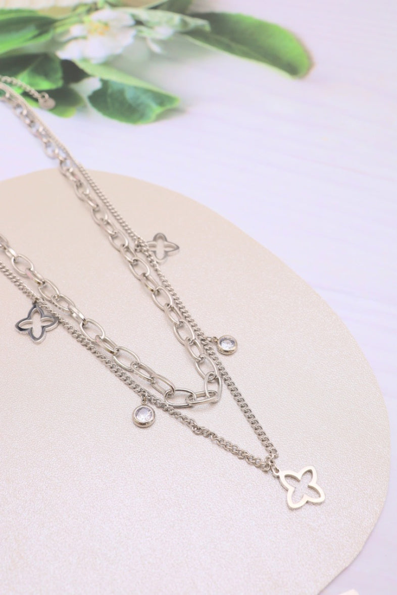 24 / Edelstahl Halskette Doppelkette Clover Style silber- oder goldfarbig