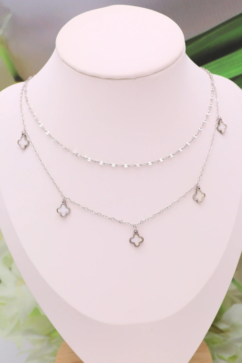 29 / Edelstahl Halskette Doppelkette silberfarbig filigran Cloverstyle weiß oder schwarz