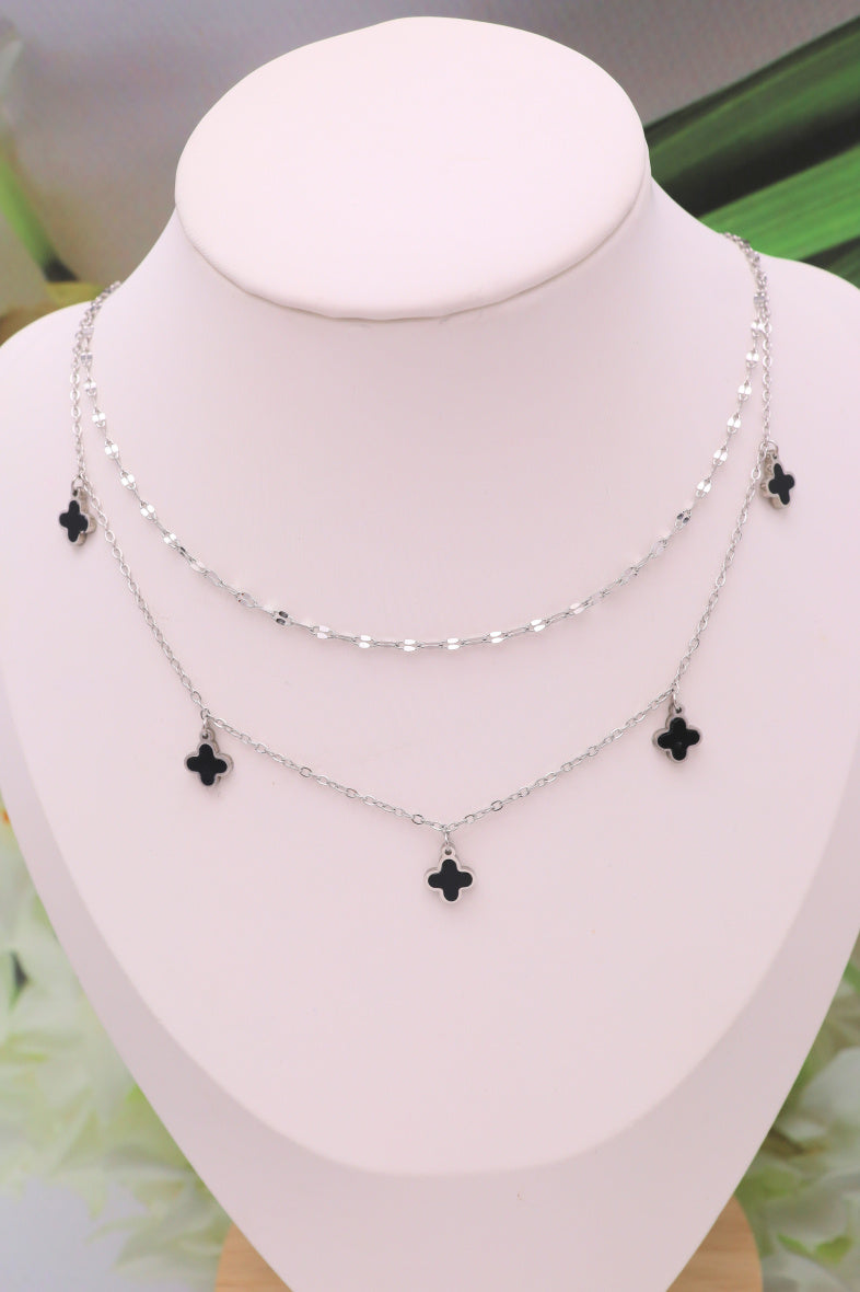 29 / Edelstahl Halskette Doppelkette silberfarbig filigran Cloverstyle weiß oder schwarz
