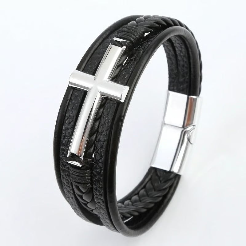 507 / Edelstahl Leder Armband schwarz silberfarbig kraftvoll