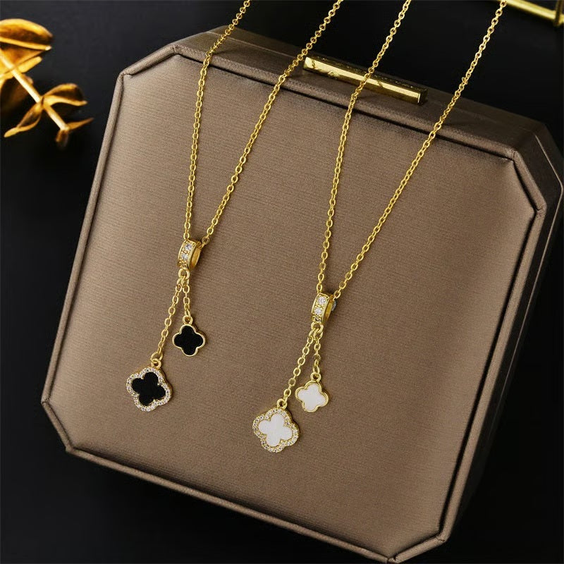 518 / Edelstahl Halskette goldfarbig schwarz oder weiß Clover Style