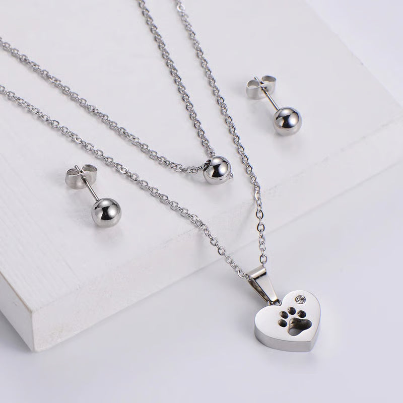 159 Edelstahl Schmuckset Hundepfote silberfarbig 2-teilig